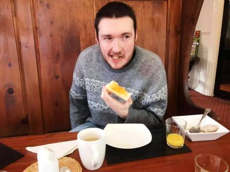 Liam tucking into breakfast at the Montpellier