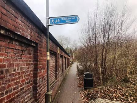 Final bit of the Middlewood Way (straight ahead - the sign pointing right is where we've just come from!)