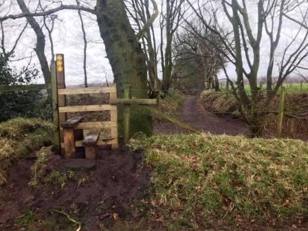 crossroads of public footpaths; straight ahead for Danes Moss