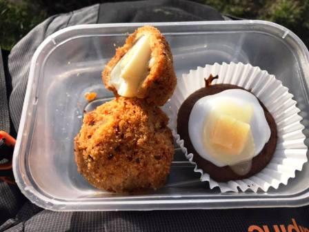 Homemade chilli Scotch egg and homemade ginger and lemon muffin for lunch