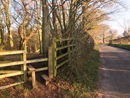Footpath continues alongside the road, separated by a fence/hedge