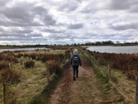 Walking along the 'causeway' between the flooded quarry pits, towards Chelford village