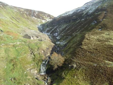 Approach to the summit plateau; lunch was taken in the ruined building to the left of the waterfalls