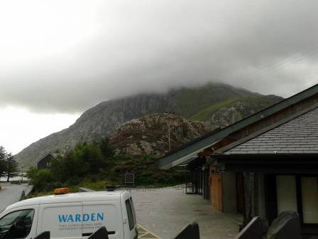 Early morning obscured view of Tryfan from Ogwen Cottage