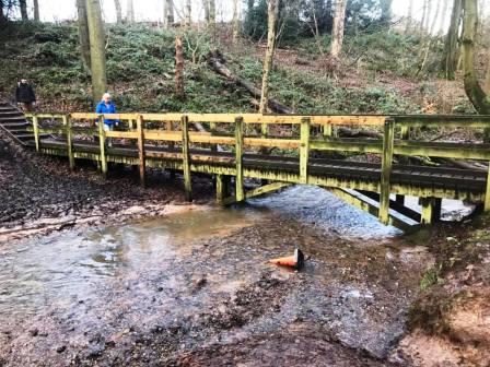 crossing the footbridge in Tytherington Wood