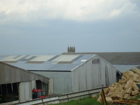 Dundry's church peeping over the top of the sheds