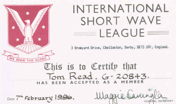 Tom Read G-20843 membership certificate
