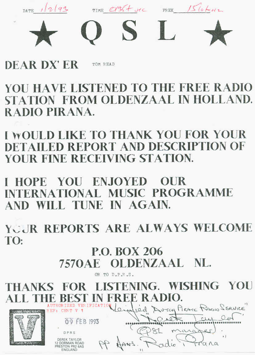 Radio Pirana - DPRS QSL
