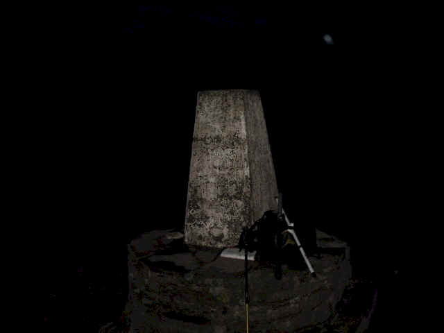 The trig point at Hay Bluff, pictured at night during the descent from Black Mountain WB-001. This trig lies at a height ASL that is 26m vertically lower than the summit - meaning that you cannot operate SOTA from here - by 1 metre!