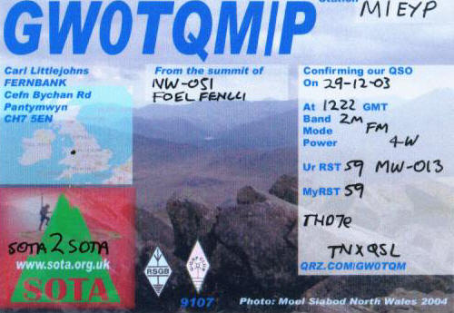 GW0TQM/P QSL card from Foel Fenlli